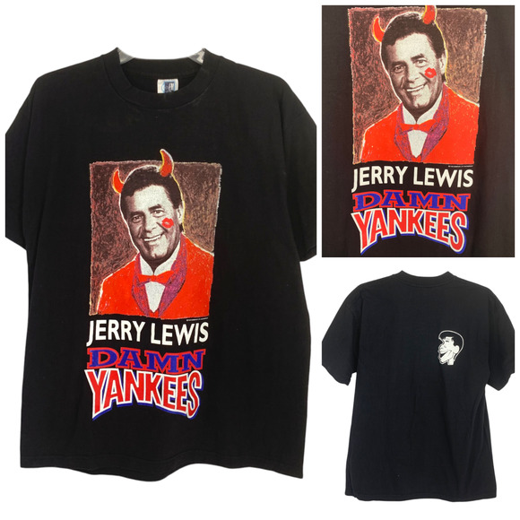 Vintage Jerry Lewis Sz L Damn Yankees Black Single Stitch Tee T Shirt GEM USA - Picture 1 of 7